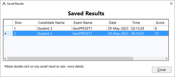 View Previous Results screen 3